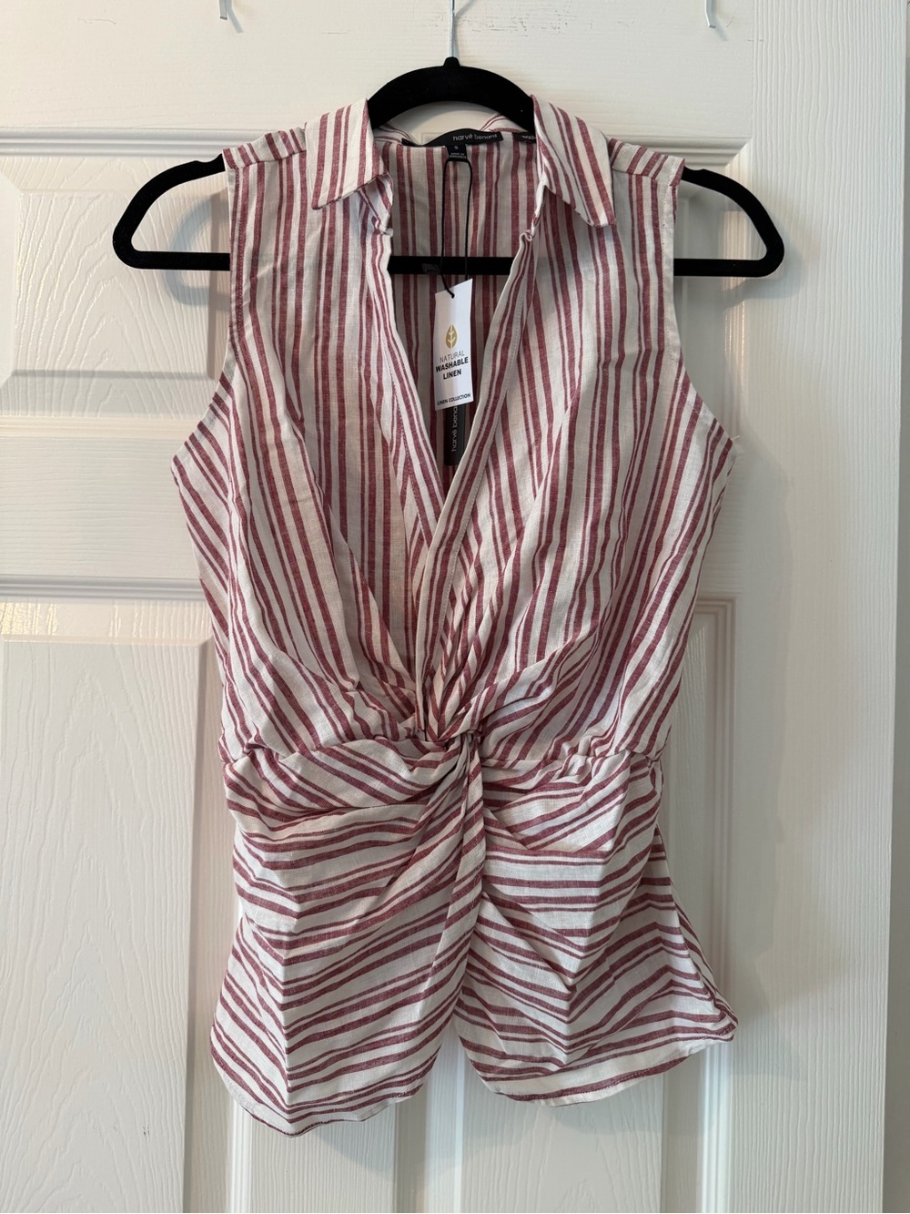 Harve Benard Sleeveless Striped Knot-Front Blouse - Maroon & White
